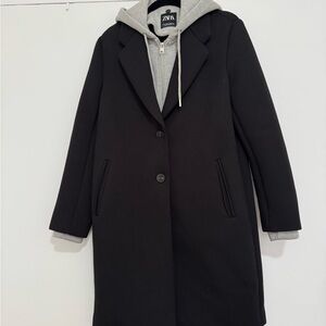 Zara Women's Black Ponte Coat with Gray Hoodie Insert